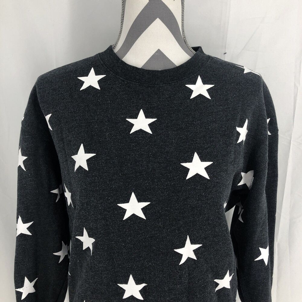 Reflex Charcoal Black White Stars Crewneck Long Sleeve Fleece Sweatshirt Small